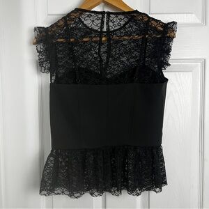 Le Chateau Black Lace Peplum Top Illusion Cami Overlay Flutter Sleeve Size S